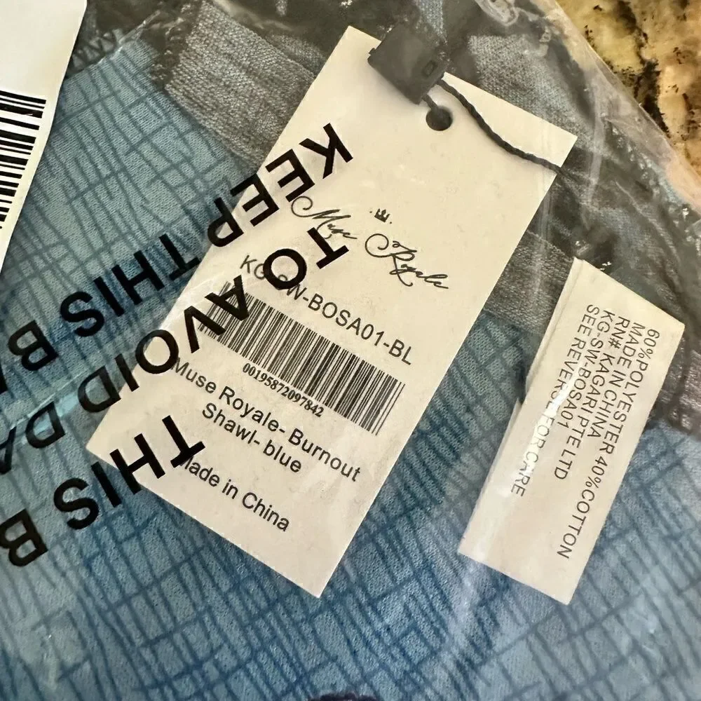 NWT Teal Blue Silver Black Floral Tassel Fringe Accent Shawl - Swimsuit Cover Up